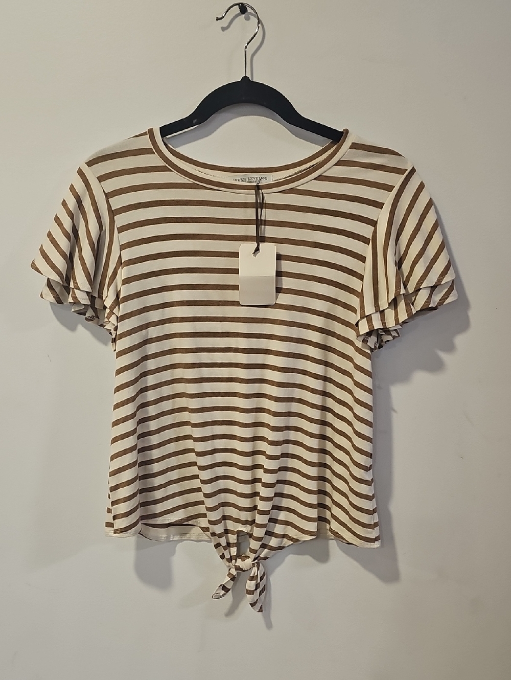 Green Envelope Brown and White Striped Tie-Front Crop Top